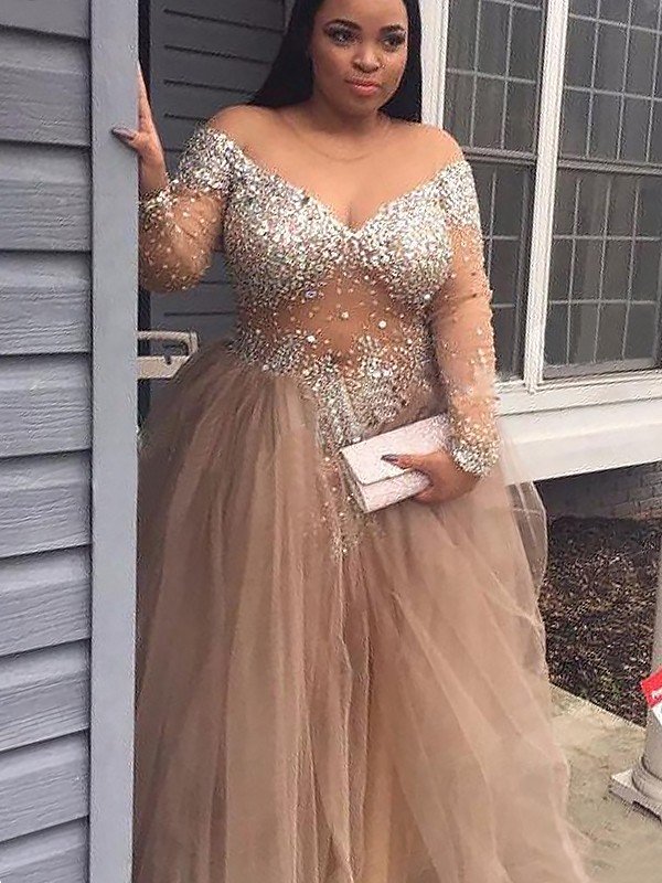 Ball Gown Off-the-Shoulder Long Sleeves Sequin Tulle Floor-Length Prom Dresses