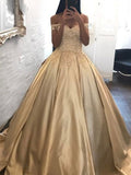 Ball Gown Off-the-Shoulder Sleeveless Applique Satin Prom Dresses