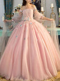 Ball Gown Off-the-Shoulder Tulle Long Sleeves Hand-Made Flower Floor-Length Prom Dresses