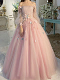 Ball Gown Off-the-Shoulder Tulle Long Sleeves Hand-Made Flower Floor-Length Prom Dresses