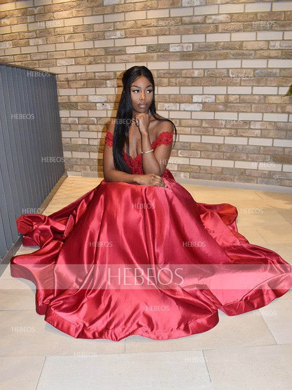 Ball Gown Satin Applique Off-the-Shoulder Sleeveless Floor-Length Prom Dresses