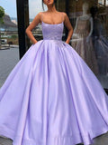 Ball Gown Satin Applique Spaghetti Straps Sleeveless Floor-Length Prom Dresses