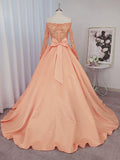 Ball Gown Satin Long Sleeves Beading Off-the-Shoulder Court Train Prom Dresses
