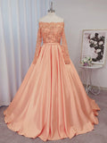 Ball Gown Satin Long Sleeves Beading Off-the-Shoulder Court Train Prom Dresses