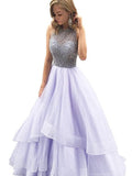 Ball Gown Scoop Sleeveless Floor-Length Beading Organza Prom Dresses