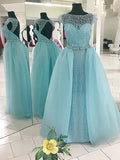 Ball Gown Sleeveless Bateau Beading Floor-Length Tulle Prom Dresses