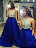 Ball Gown Sleeveless Jewel Crystal Satin Floor-Length Prom Dresses
