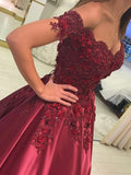 Ball Gown Sleeveless Off-the-Shoulder Applique Satin Floor-Length Prom Dresses