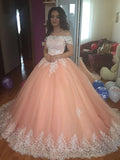 Ball Gown Sleeveless Off-the-Shoulder Court Train Tulle Lace Prom Dresses