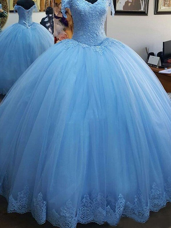 Ball Gown Sleeveless Off-the-Shoulder Lace Tulle Prom Dresses