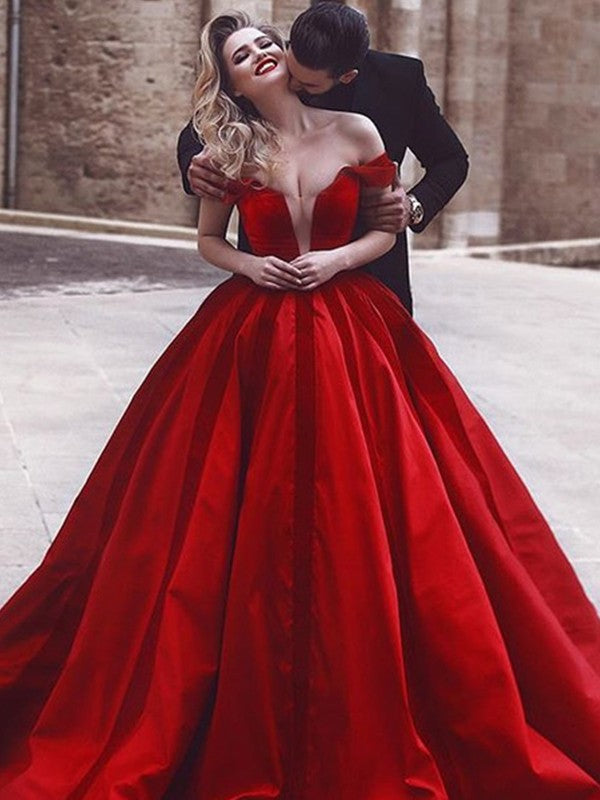 Ball Gown Sleeveless Off-the-Shoulder Ruffles Satin Prom Dresses
