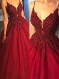 Ball Gown Sleeveless Spaghetti Straps Applique Tulle Prom Dresses