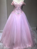 Ball Gown Sleeveless Spaghetti Straps Tulle Crystal Floor-Length Prom Dresses