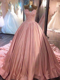 Ball Gown Sleeveless Sweetheart Court Train Lace Satin Prom Dresses