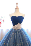Ball Gown Strapless Embroidery Pearl Dark Blue Formal Prom Dresses-misshow.com