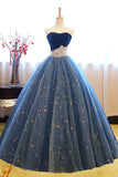 Ball Gown Strapless Embroidery Pearl Dark Blue Formal Prom Dresses-misshow.com