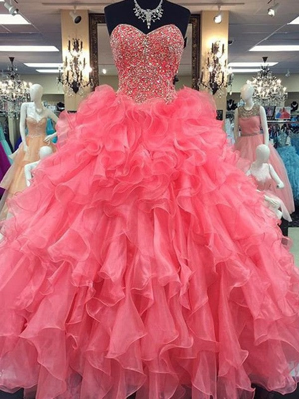 Ball Gown Sweetheart Sleeveless Floor-Length Beading Organza Prom Dresses
