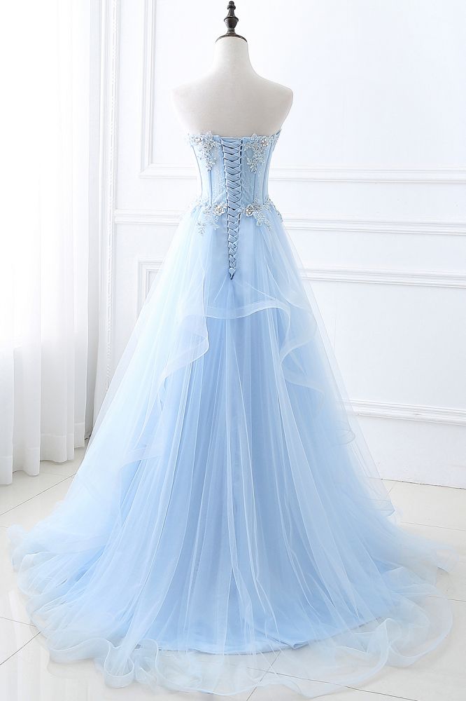 Looking for Prom Evening Dresses in {$goods.attr.material}}, Ball Gown style, and Gorgeous Appliques work MISSHOW has all covered on this elegant Ball Gown Sweetheart Tulle Sky Blue Cheap Prom Evening Dresses with Sequins.