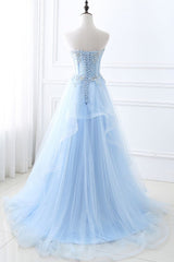Looking for Prom Evening Dresses in {$goods.attr.material}}, Ball Gown style, and Gorgeous Appliques work MISSHOW has all covered on this elegant Ball Gown Sweetheart Tulle Sky Blue Cheap Prom Evening Dresses with Sequins.