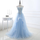 Looking for Prom Dresses in {$goods.attr.material}}, Ball Gown style, and Gorgeous Appliques work  MISSHOW has all covered on this elegant Ball Gown Sweetheart Tulle Sky Blue Cheap Prom Dress with Sequins.