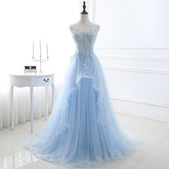 Looking for Prom Evening Dresses in {$goods.attr.material}}, Ball Gown style, and Gorgeous Appliques work MISSHOW has all covered on this elegant Ball Gown Sweetheart Tulle Sky Blue Cheap Prom Evening Dresses with Sequins.