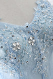 Looking for Prom Dresses in {$goods.attr.material}}, Ball Gown style, and Gorgeous Appliques work  MISSHOW has all covered on this elegant Ball Gown Sweetheart Tulle Sky Blue Cheap Prom Dress with Sequins.