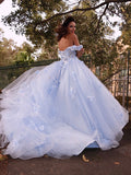 Ball Gown Tulle Applique Off-the-Shoulder Sleeveless Prom Dresses