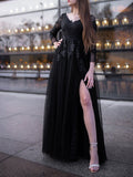 Ball Gown Tulle Long Sleeves Applique Off-the-Shoulder Floor-Length Prom Dresses