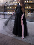 Ball Gown Tulle Long Sleeves Applique Off-the-Shoulder Floor-Length Prom Dresses