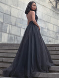 Ball Gown Tulle Ruffles V-neck Sleeveless Court Train Prom Dresses