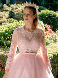 Ball Gown Tulle Scoop Lace Long Sleeves Prom Dresses