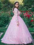 Ball Gown Tulle Scoop Lace Long Sleeves Prom Dresses