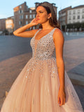 Ball Gown Tulle V-neck Beading Sleeveless Floor-Length Prom Dresses