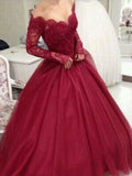 Ball Gown V-neck Long Sleeves Floor-Length Lace Tulle Prom Dresses