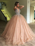 Ball Gown V-neck Sleeveless Floor-Length Beading Tulle Prom Dresses