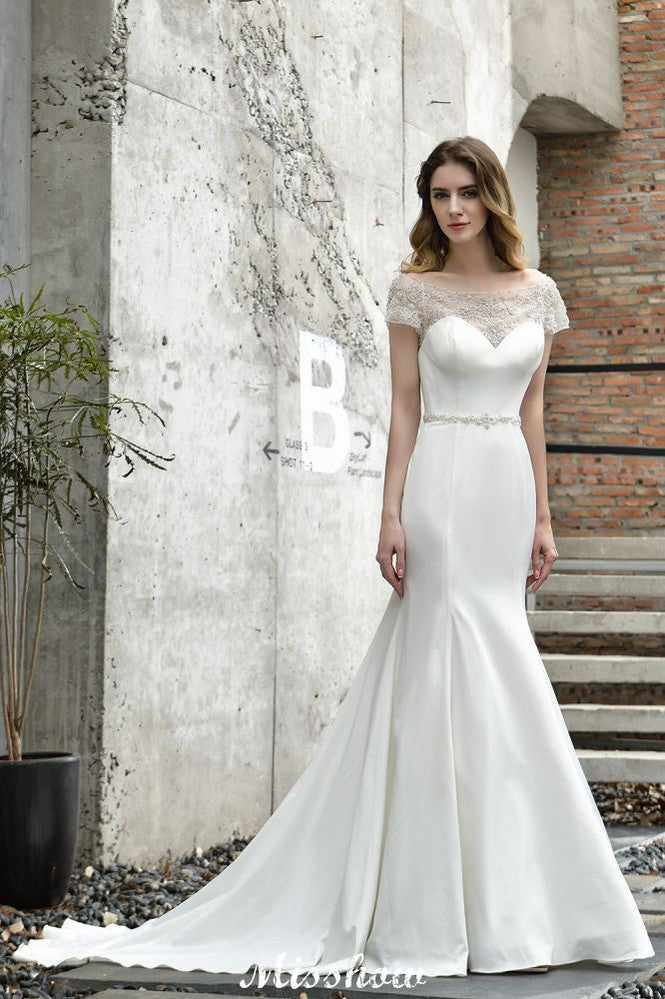 MISSHOW offers Bateau Short Sleeve Slim Mermaid Wedding Gown Satin Bridal Gown Sweep/Trump Train at a good price from Ivory,Satin to Mermaid Floor-length them. Stunning yet affordable Short Sleeves .