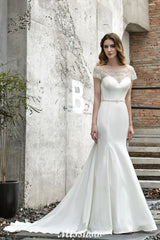 MISSHOW offers Bateau Short Sleeve Slim Mermaid Wedding Gown Satin Bridal Gown Sweep/Trump Train at a good price from Ivory,Satin to Mermaid Floor-length them. Stunning yet affordable Short Sleeves .