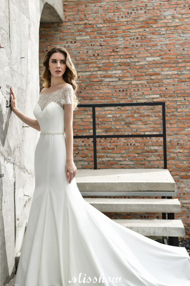 Satin bateau wedding on sale dress