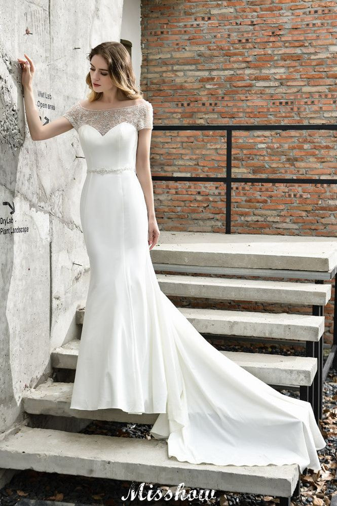 MISSHOW offers Bateau Short Sleeve Slim Mermaid Wedding Gown Satin Bridal Gown Sweep/Trump Train at a good price from Ivory,Satin to Mermaid Floor-length them. Stunning yet affordable Short Sleeves .