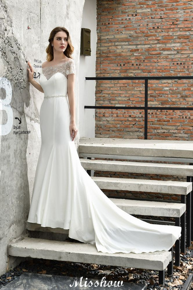 MISSHOW offers Bateau Short Sleeve Slim Mermaid Wedding Gown Satin Bridal Gown Sweep/Trump Train at a good price from Ivory,Satin to Mermaid Floor-length them. Stunning yet affordable Short Sleeves .
