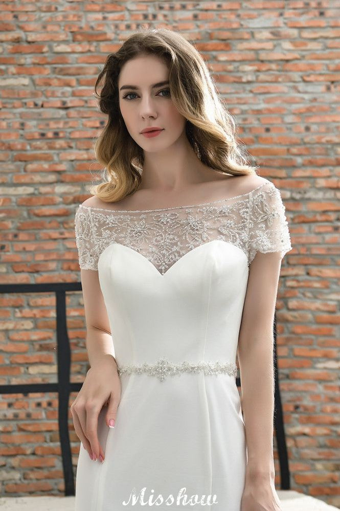 MISSHOW offers Bateau Short Sleeve Slim Mermaid Wedding Gown Satin Bridal Gown Sweep/Trump Train at a good price from Ivory,Satin to Mermaid Floor-length them. Stunning yet affordable Short Sleeves .