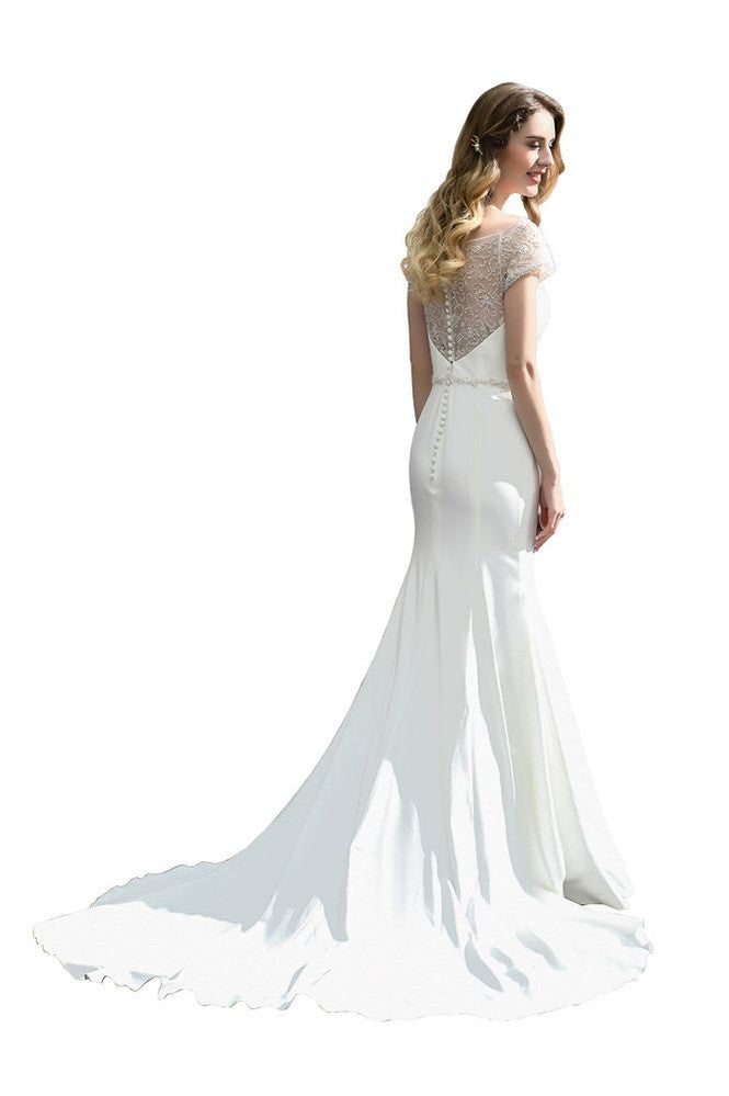 MISSHOW offers Bateau Short Sleeve Slim Mermaid Wedding Gown Satin Bridal Gown Sweep/Trump Train at a good price from Ivory,Satin to Mermaid Floor-length them. Stunning yet affordable Short Sleeves .