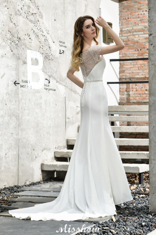 MISSHOW offers Bateau Short Sleeve Slim Mermaid Wedding Gown Satin Bridal Gown Sweep/Trump Train at a good price from Ivory,Satin to Mermaid Floor-length them. Stunning yet affordable Short Sleeves .