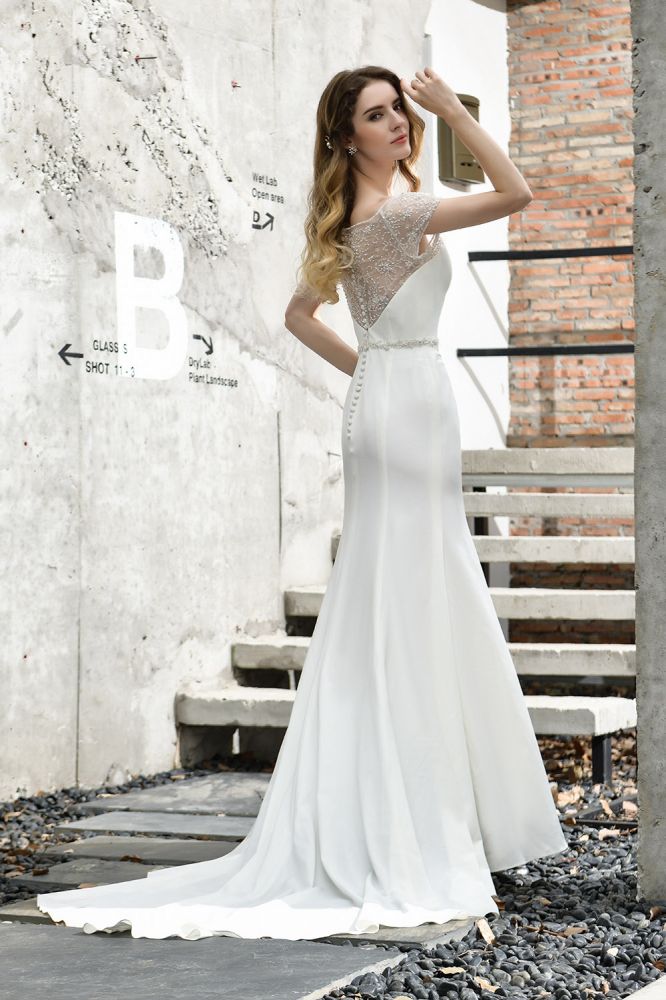 MISSHOW offers Bateau Short Sleeve Slim Mermaid Wedding Gown Satin Bridal Gown Sweep/Trump Train at a good price from Ivory,Satin to Mermaid Floor-length them. Stunning yet affordable Short Sleeves .