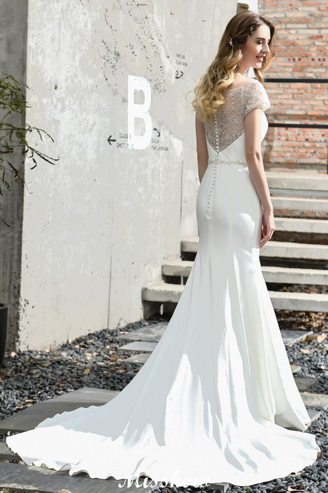 MISSHOW offers Bateau Short Sleeve Slim Mermaid Wedding Gown Satin Bridal Gown Sweep/Trump Train at a good price from Ivory,Satin to Mermaid Floor-length them. Stunning yet affordable Short Sleeves .