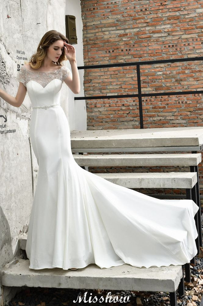 MISSHOW offers Bateau Short Sleeve Slim Mermaid Wedding Gown Satin Bridal Gown Sweep/Trump Train at a good price from Ivory,Satin to Mermaid Floor-length them. Stunning yet affordable Short Sleeves .