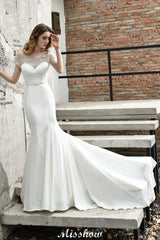 MISSHOW offers Bateau Short Sleeve Slim Mermaid Wedding Gown Satin Bridal Gown Sweep/Trump Train at a good price from Ivory,Satin to Mermaid Floor-length them. Stunning yet affordable Short Sleeves .