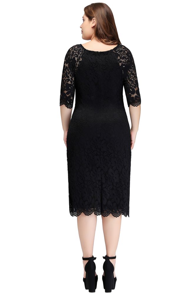 Looking for plussizedress in Lace, Column style, and Gorgeous Lace work  MISSHOW has all covered on this elegant Bateau Tea Length Mermaid Plus size Lace Black Evening Dresses with sleeves.
