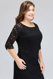 Looking for plussizedress in Lace, Column style, and Gorgeous Lace work  MISSHOW has all covered on this elegant Bateau Tea Length Mermaid Plus size Lace Black Evening Dresses with sleeves.