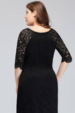 Looking for plussizedress in Lace, Column style, and Gorgeous Lace work  MISSHOW has all covered on this elegant Bateau Tea Length Mermaid Plus size Lace Black Evening Dresses with sleeves.